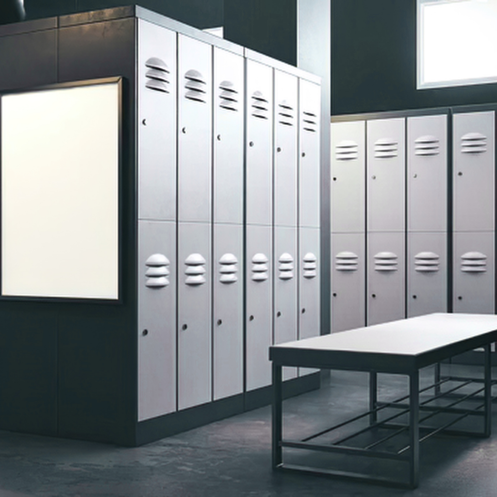 a row of white lockers in changing room