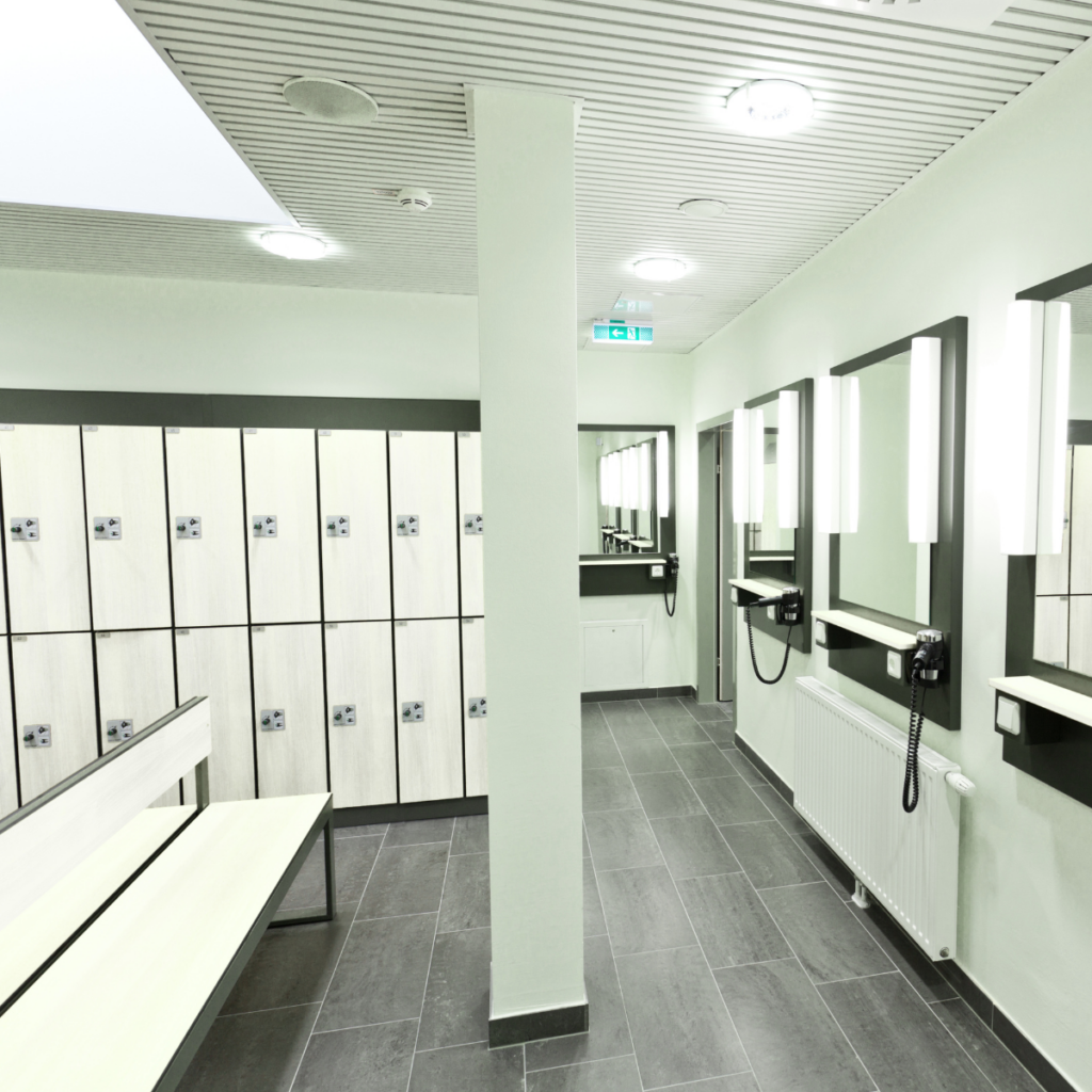 white education changing rooms with mirrors and hair dryers stands